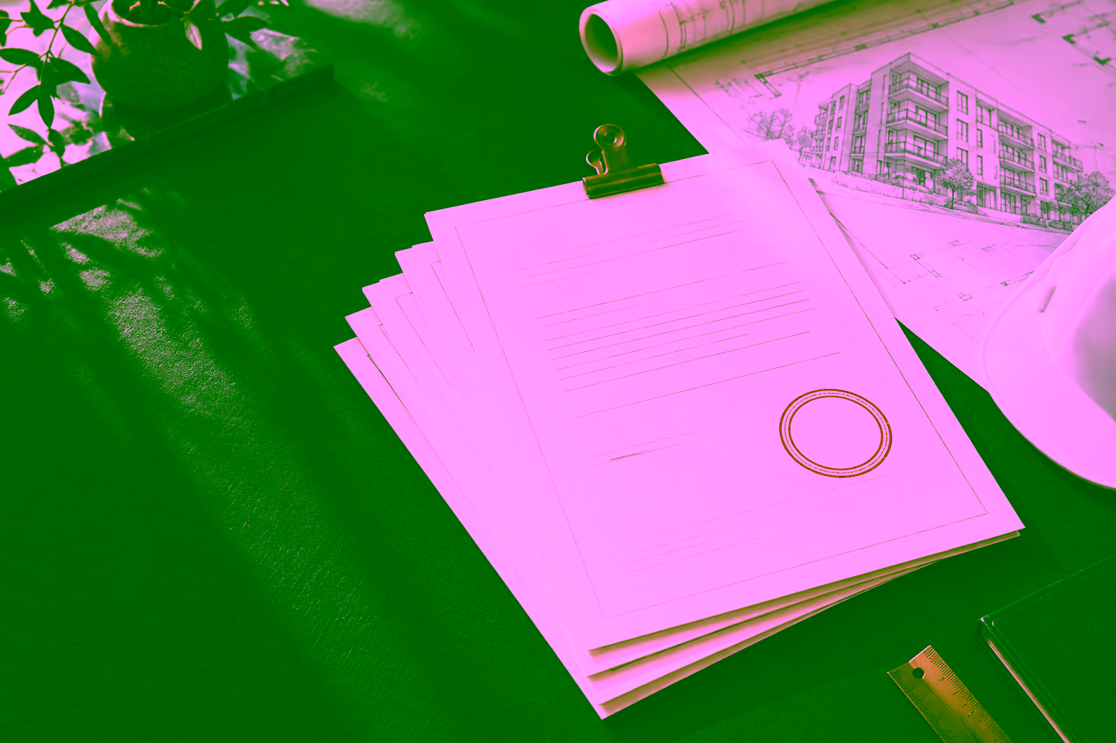 A fanned stack of insurance certificates with a vermilion seal on a green drafting desk beside a building blueprint and a hard hat
